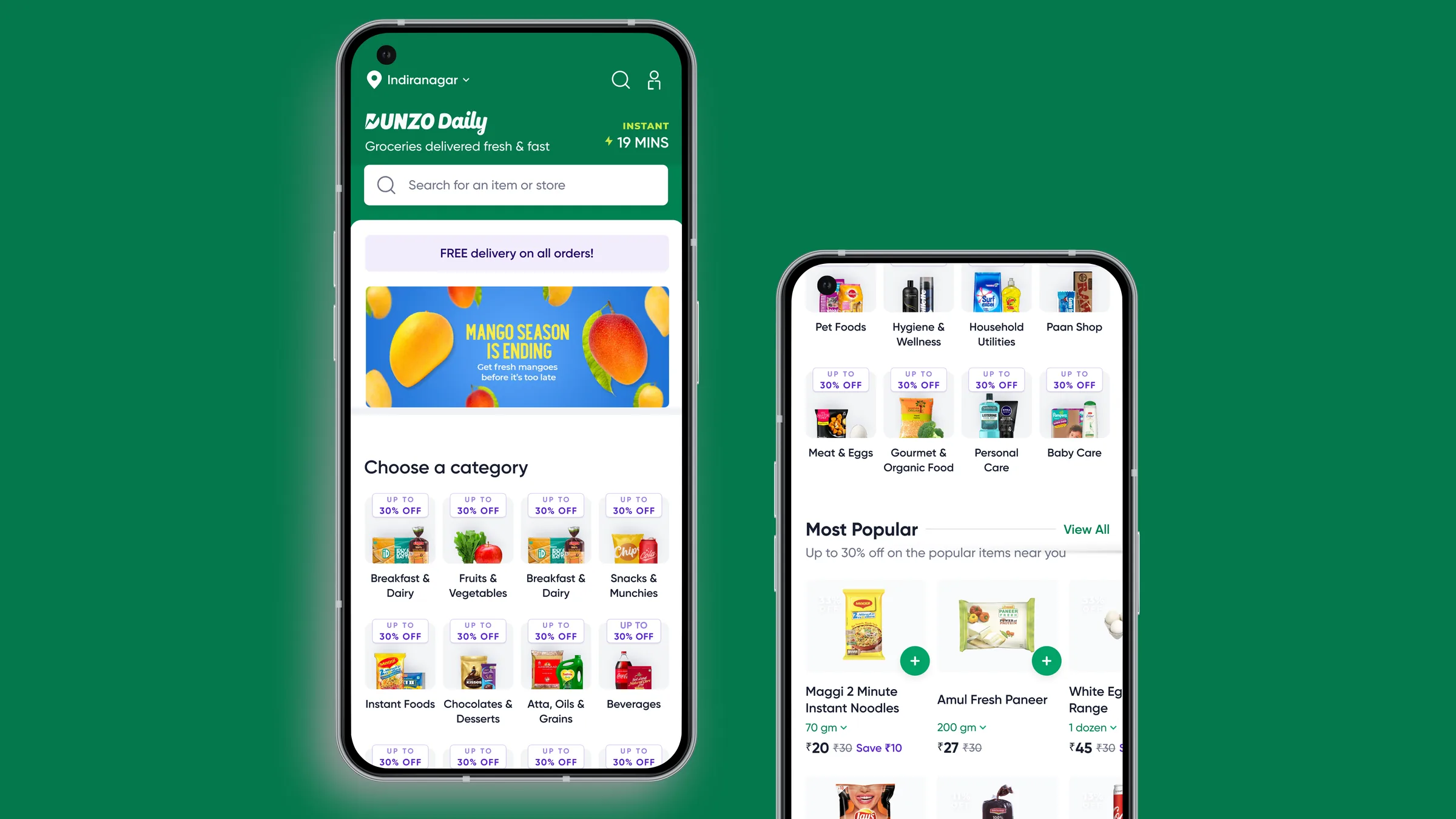 Dunzo Daily homepage with the redesigned category grid and most popular products