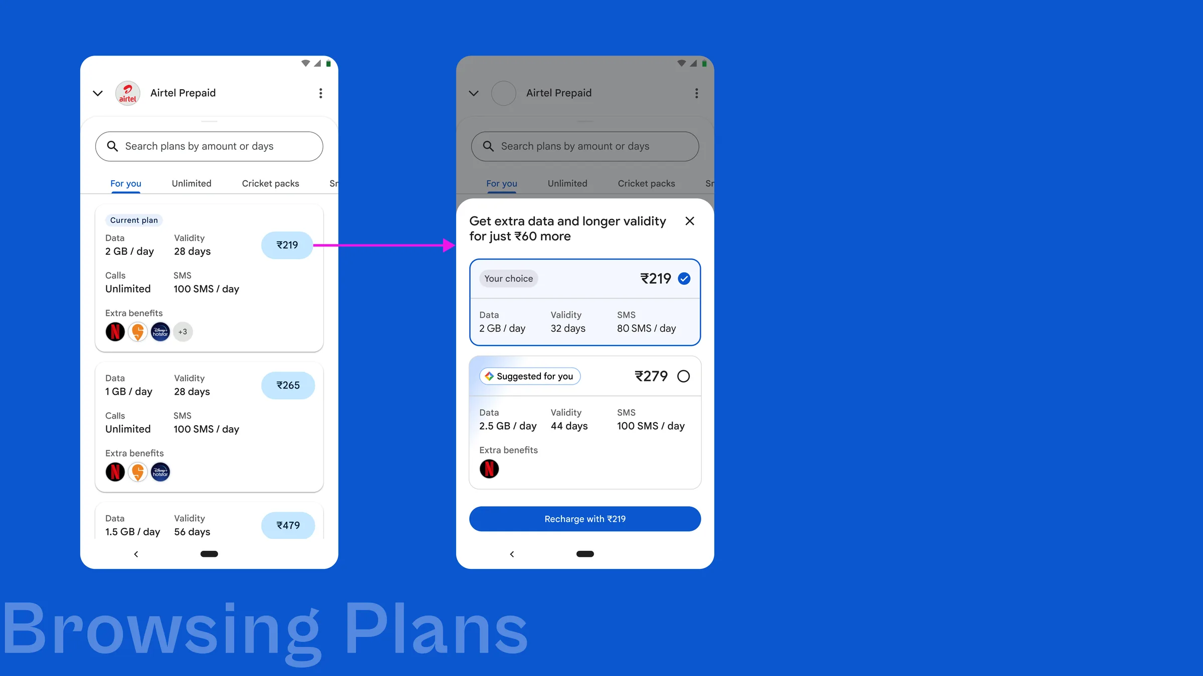Google Pay Airtel prepaid plans: browsing plans and the suggested higher-value plan sheet