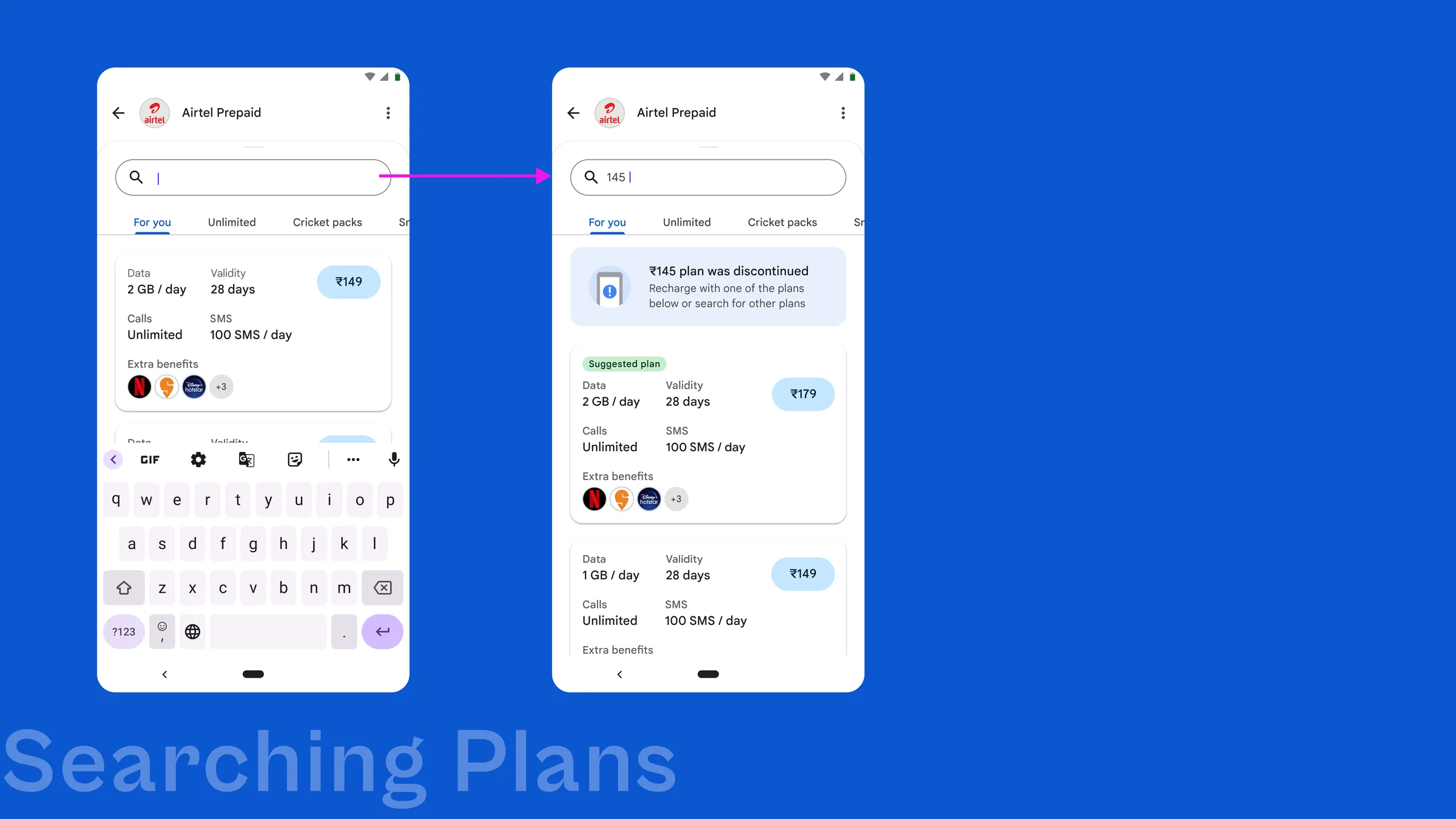 Google Pay searching plans: a discontinued plan search surfaces suggested alternatives