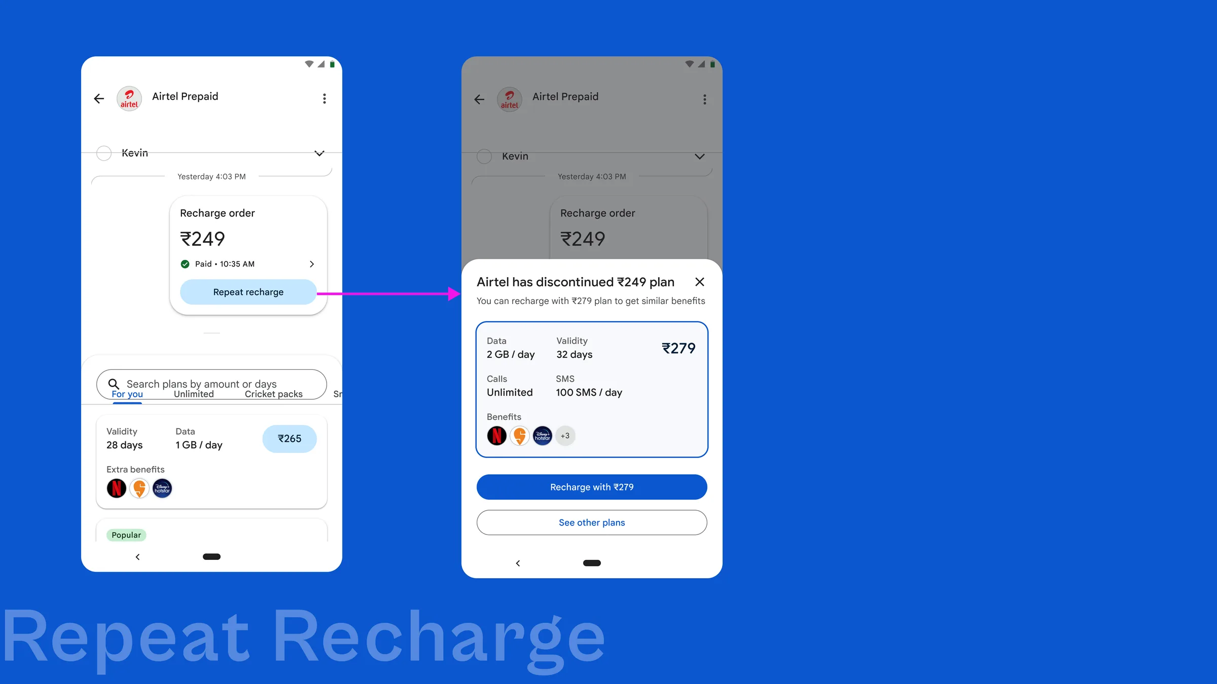 Google Pay repeat recharge: a bottom sheet explains the discontinued plan and offers a similar one