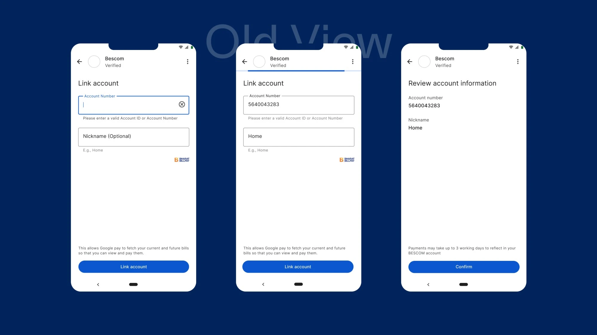 Google Pay bill linking, old view: enter an account number, then review and confirm